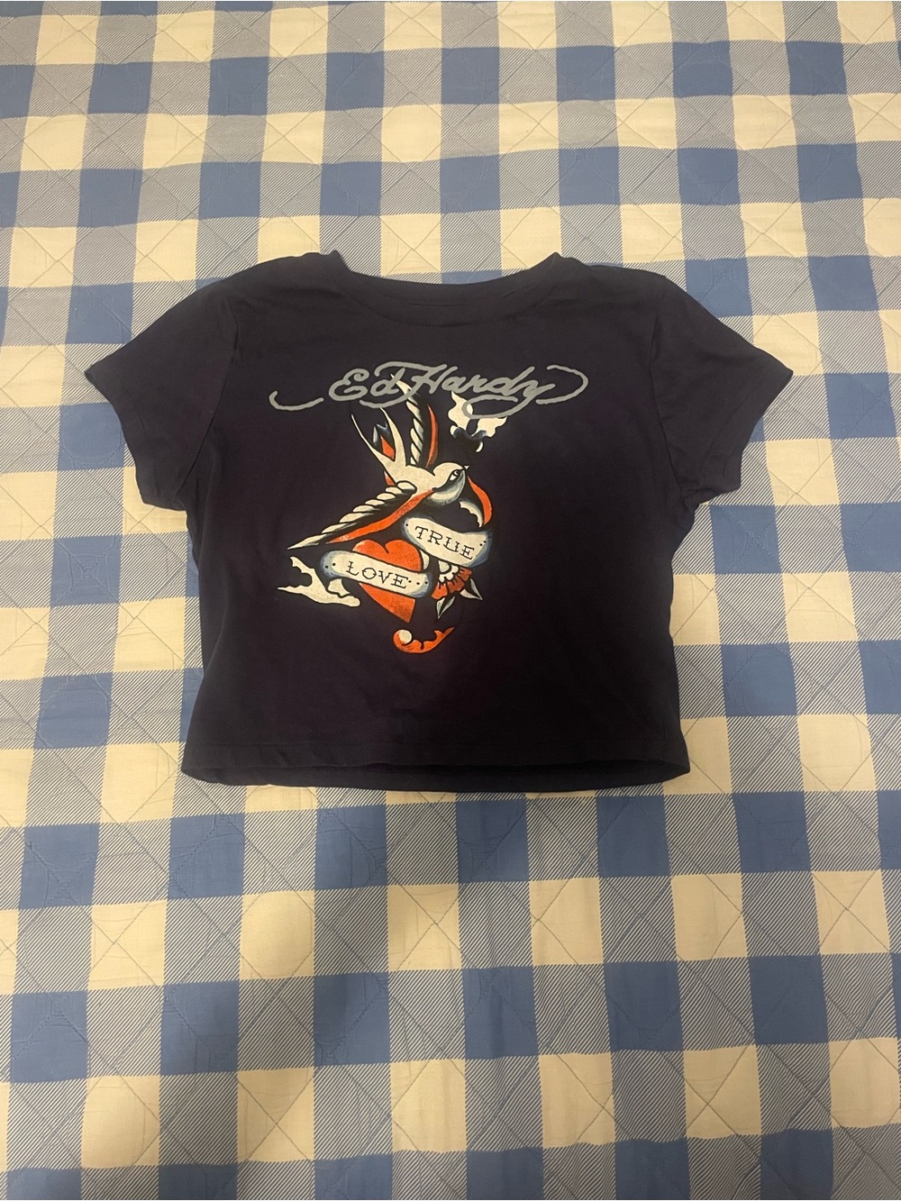 Ed Hardy Navy Kids Tee with Red & White Swallow Heart Graphic